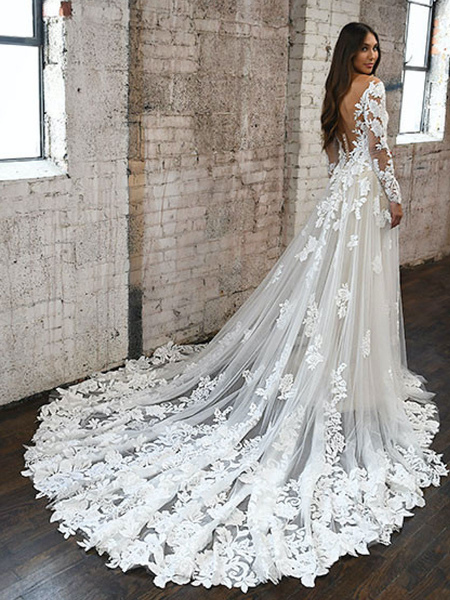 Milanoo Brautkleider Weiß V-Ausschnitt mit langen Ärmeln rückenfrei mit Zug Spitze Tüll Brautkleider
