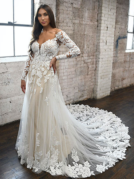 Milanoo Wedding Gowns White V-Neck Long Sleeves Backless With Train Lace Tulle Bridal Gowns