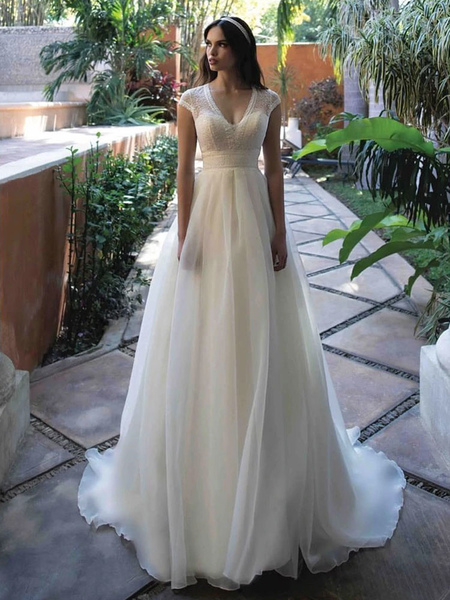 Milanoo White Simple Wedding Dress V-Neck Short Sleeves Lace Chiffon A-Line Bridal Dresses