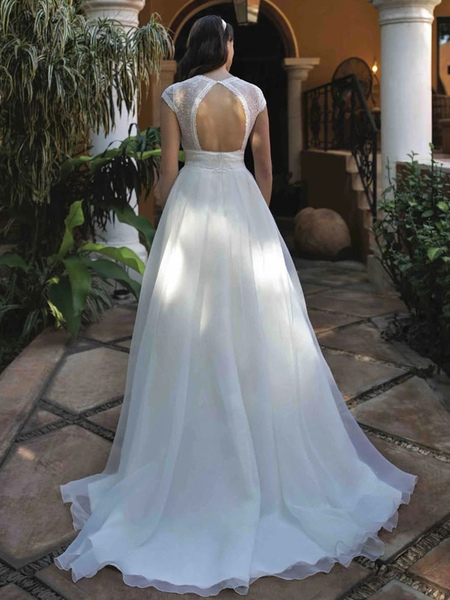 Milanoo White Simple Wedding Dress V-Neck Short Sleeves Lace Chiffon A-Line Bridal Dresses