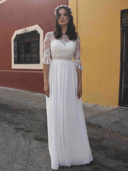 Milanoo Simple Wedding Dress White A-Line Jewel Neck Half Sleeves Backless Chiffon Lace Bridal Dress
