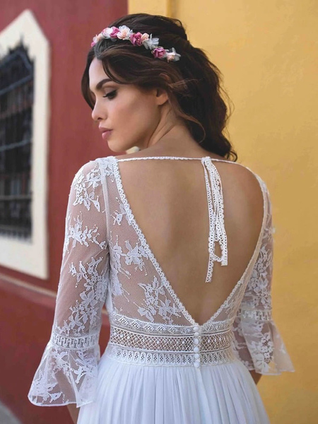 Milanoo Simple Wedding Dress White A-Line Jewel Neck Half Sleeves Backless Chiffon Lace Bridal Dress