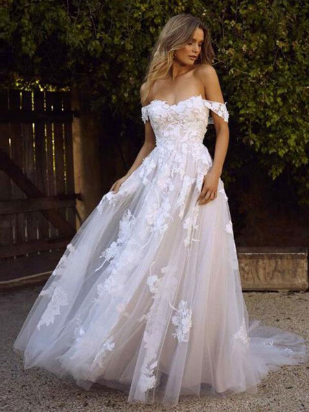 Milanoo Wedding Dress White Strapless Sleeveless Backless With Train Tulle Long Lace Bridal Gowns