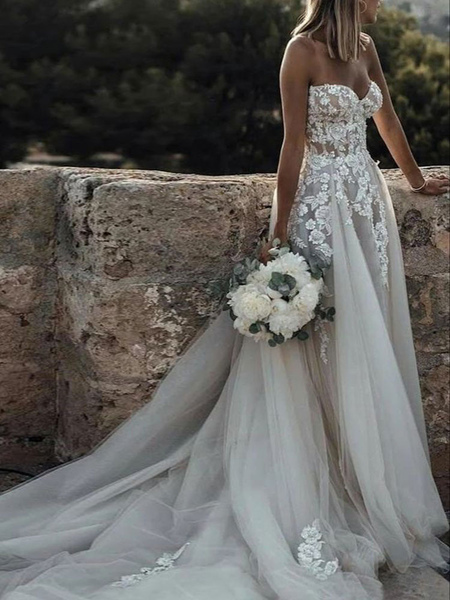 Milanoo Weißes Brautkleid mit Zug ärmellos rückenfrei Spitze Tüll trägerlos natürliche Taille lange