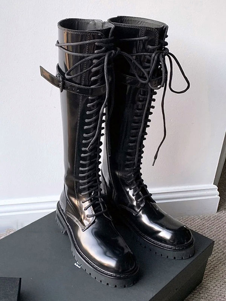 Image of Steampunk Lolita Boots PU Leather Metallic Lace Up Punta tonda Scarpe Lolita nere