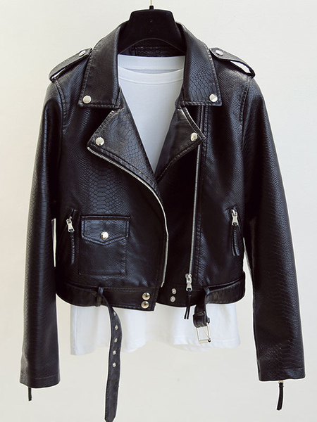 PU Leather Jacket Turndown Collar Spring Moto Outerwear For Women