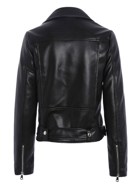 Women Motorcycle Jacket Black High Low Design Pu Leather Long Sleeves Wind Proof Leather Jacket Cozy Active Outerwear
