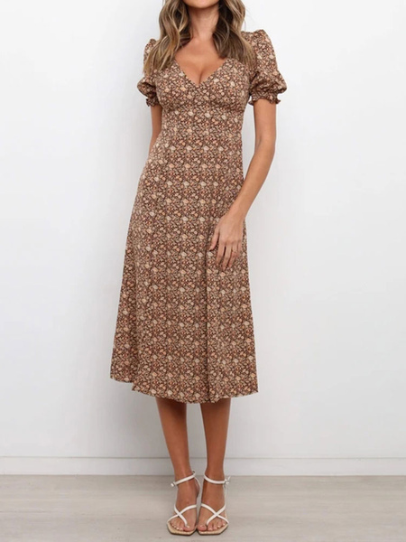Milanoo Boho Dress V-Neck Short Sleeves Floral Print Coffee Brown Midi Beach Dress