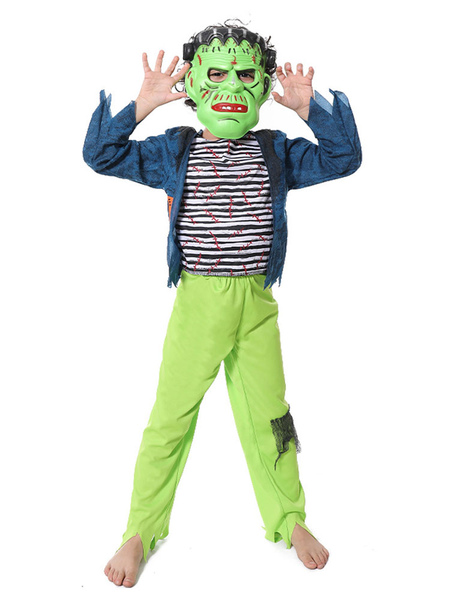 Milanoo Kids Halloween Costumes Green Monster Polyester Pants Mask Top Holiday Costue 3-Piece Set