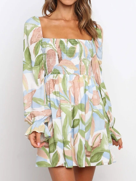 Milanoo Boho Dress Square Neck Long Sleeves Floral Print Pattern Beach Dress Green Summer Dress