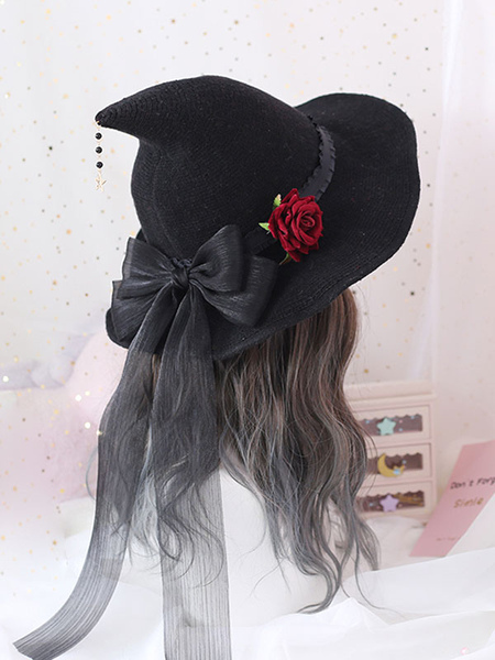Milanoo Gothic Lolita Hat Bowknot Rose Polyester Black Lolita Accessories