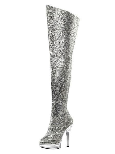 Milanoo Women's Glitter Stripper Shoes Platform Stiletto Heel Over the Knee Boots