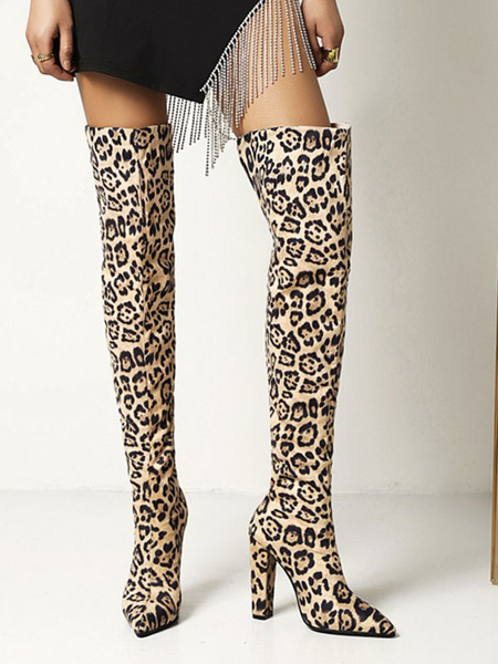 Milanoo Women's Leopard Print Chunky Heel Thigh High Boots