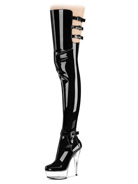 Milanoo Women's Sexy Platform Thigh High Heel Boots with Buckles in Black Patent Leather