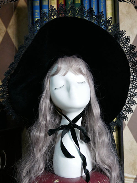 Milanoo Lolita Lolita Hat Lace Polyester Lolita Accessories Black Witch Hat