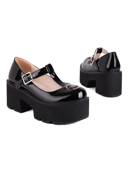 Milanoo Lolita Pumps Black PU Leather Round Toe T-Strap Heels Lolita Shoes