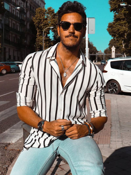 Milanoo Man's Casual Shirt Turndown Collar Chic Printed White Men's Shirts