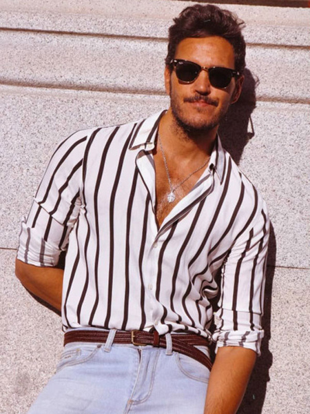 Milanoo Man's Casual Shirt Turndown Collar Chic Printed White Men's Shirts