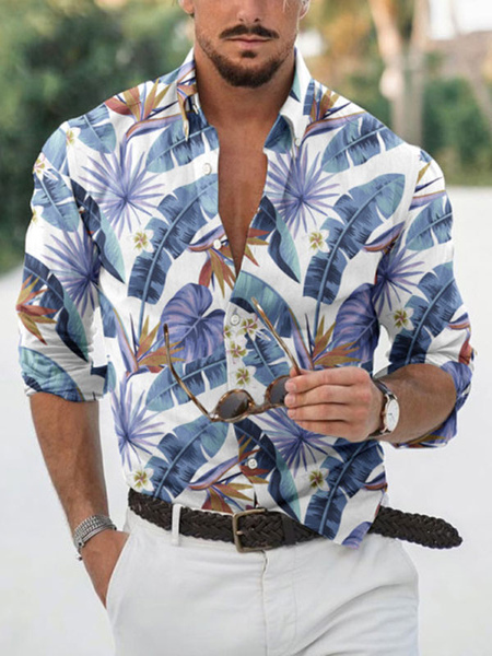 Milanoo Casual Shirt For Man Turndown Collar Casual Floral Printed Light Sky Blue Summer Shirts