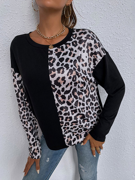 Milanoo Women Blouse Jewel Neck Long Sleeves Black Two-Tone Stretch Piping Cotton T Shirt