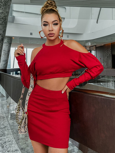 Milanoo Two Piece Sets Red Polyester Jewel Neck Piping Casual Skirt Long Sleeves Outfit For Women