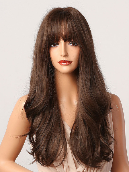 Milanoo Women Long Wig Coffee Brown Curly Heat Resistant Fiber Layered Long Synthetic Wigs