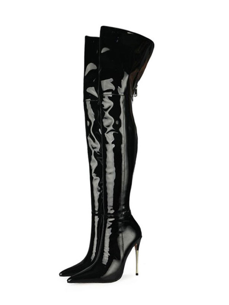 Milanoo Women's Black Thigh High Heel Boots