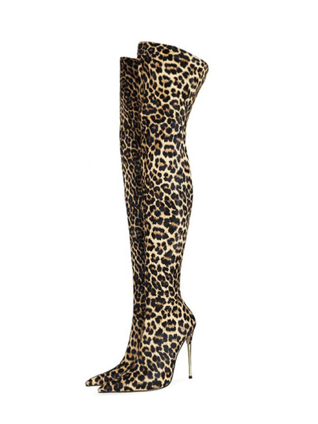 Milanoo Women's Leopard Print Thigh High Heel Boots