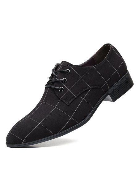 Chaussures habillées pour hommes de qualité bout pointu à lacets en cuir PU motif à carreaux noir Oxfords