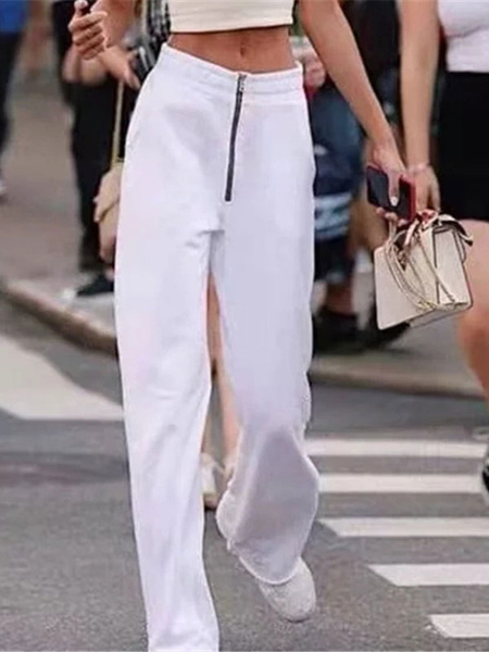 Milanoo Women Pants White Zipper Polyester Raised Waist Oversized Straight Trousers
