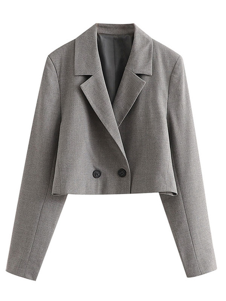 Milanoo Blazer For Women Chic Polyester Turndown Collar Buttons Long Sleeves Oversized Gray Overcoat