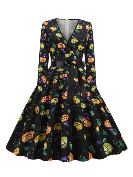 Milanoo 1950s Vintage Dress V-Neck Long Sleeves Medium Halloween Pumpkin Printed Rockabilly Dress
