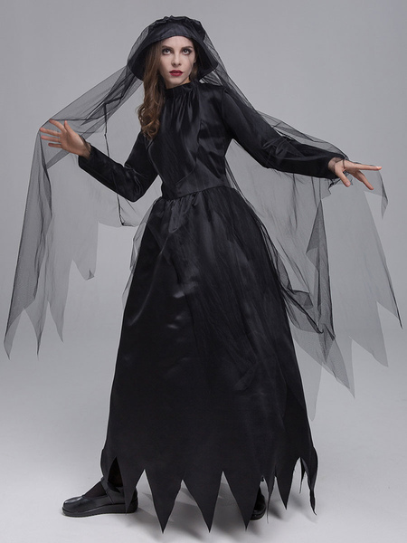 Image of Costumi da sposa fantasma di Halloween per le donne Abito in pizzo di poliestere nero spaventoso Copricapo Costumi per le vacanze Set completo