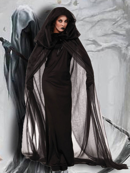 Image of Costumi di Halloween Azrael morte per le donne Opere d&#39;arte nere Mantello spaventoso Poliestere Abito lungo Costumi per le feste Set completo