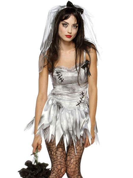 Milanoo Halloween Ghost Bride Costumes For Women White Academic Headwear Polyester Lace Short Dress