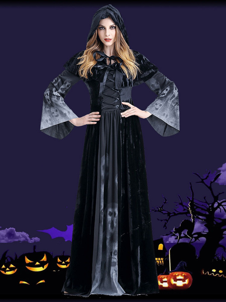 Image of Costumi da strega di Halloween per le donne Teschio nero Vestito spaventoso Mantello Costumi da festa in poliestere