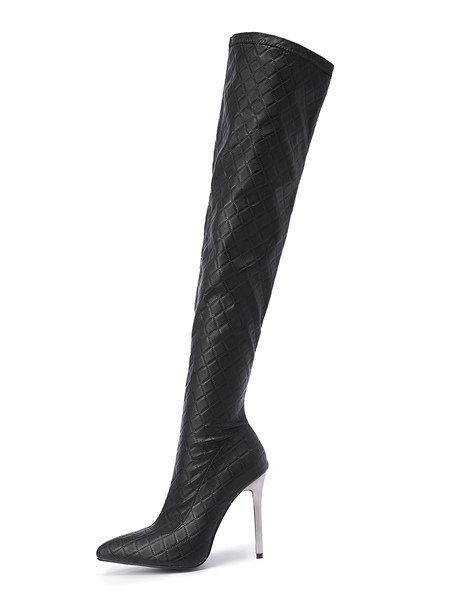 Milanoo Women's Quilted Thigh High Boots Pointy Toe Stiletto Heels