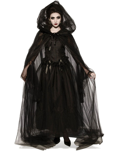 Milanoo Halloween Death Costumes Black Scary Cloak Polyester Lace Dress Holidays Costumes