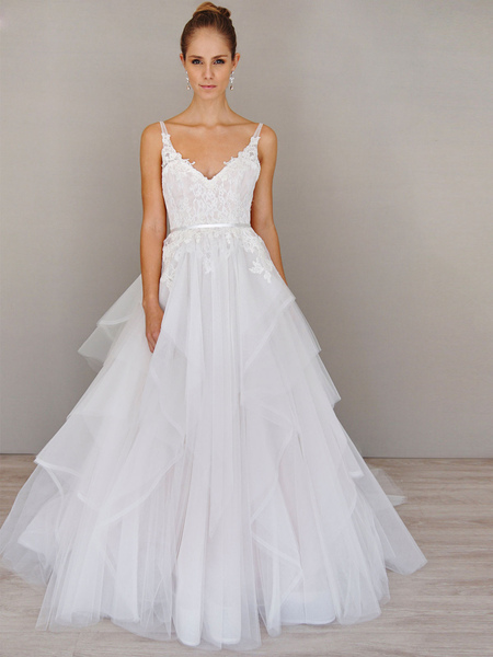 Milanoo White A Line Wedding Dresses With Train Sleeveless Backless Lace V-Neck Bridal Gowns