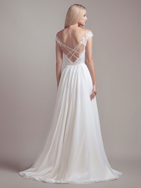 Milanoo Ivory Simple Wedding Dress A-Line V-Neck Natural Waist Short Sleeves Backless Lace Bridal Go