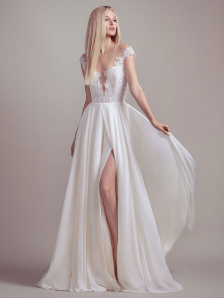 Milanoo Ivory Simple Wedding Dress A-Line V-Neck Natural Waist Short Sleeves Backless Lace Bridal Go