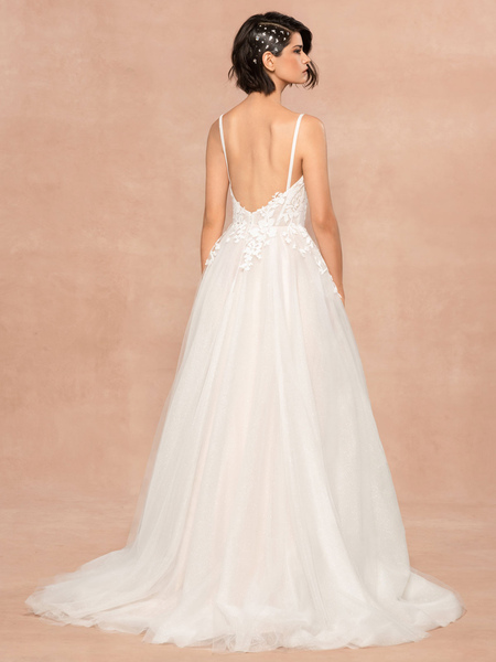 Milanoo White Simple Wedding Dress Natural Waist V-Neck Sleeveless Backless Lace A-Line Bridal Dress