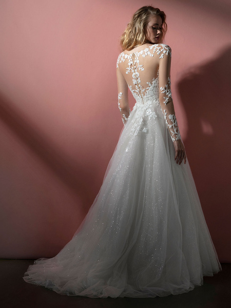 Milanoo White Wedding Gowns V-Neck Long Sleeves Backless With Train Lace Tulle Bridal Gowns
