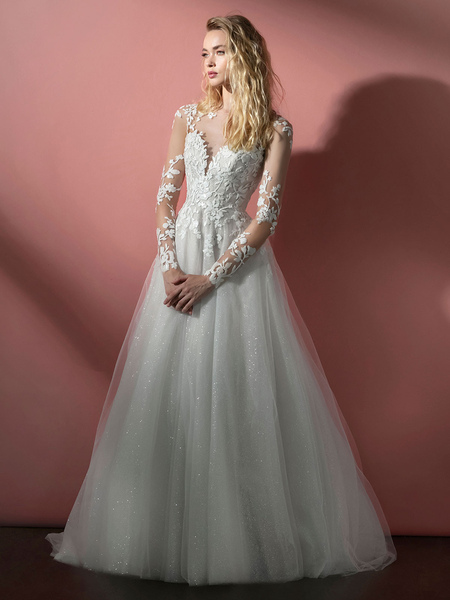 Milanoo Weiße Brautkleider V-Ausschnitt mit langen Ärmeln rückenfrei mit Zug Spitze Tüll Brautkleide