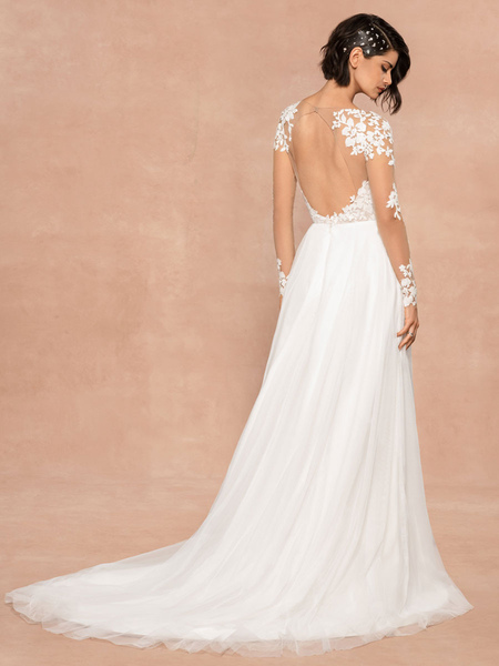 Milanoo White Simple Wedding Dress V-Neck Long Sleeves Backless Lace A-Line Long Bridal Gowns