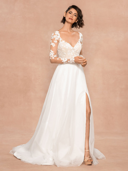 Milanoo Weißes einfaches Brautkleid mit V-Ausschnitt mit langen Ärmeln rückenfreie Spitze A-Linie la