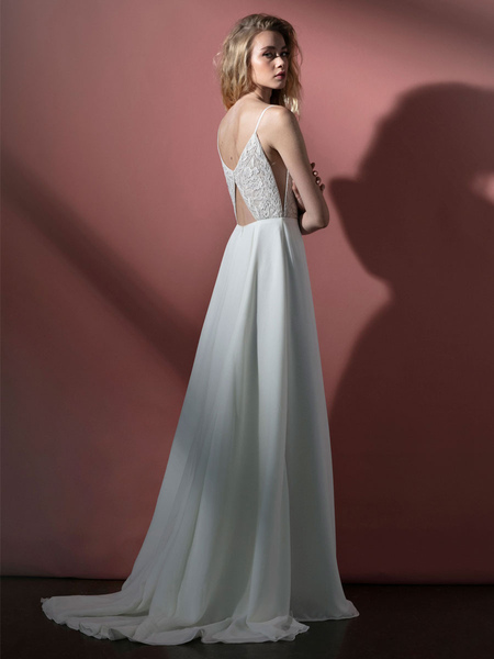 Milanoo White Simple Wedding Dress V-Neck Sleeveless Natural Waist Lace Chiffon A-Line Bridal Gowns