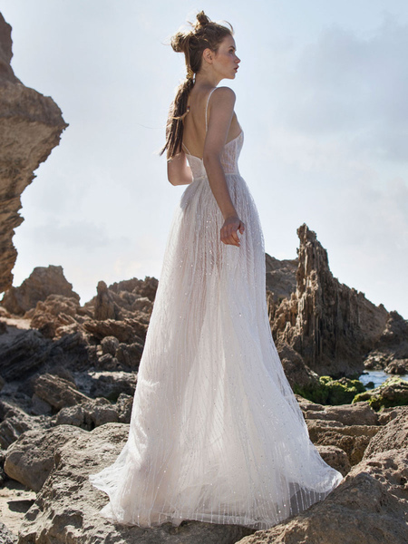 Milanoo White Simple Wedding Dress A-Line V-Neck Natural Waist Sleeveless Backless Lace Bridal Dress