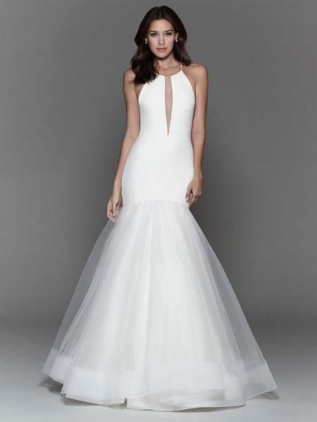 Milanoo White Wedding Dress With Train Sleeveless Backless Cut Out V-Neck Bridal Mermaid Dress