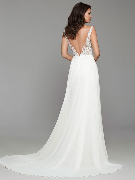 Milanoo Ivory Simple Wedding Dress Chiffon V Neck Natural Waist Sleeveless Lace A Line Bridal Gowns